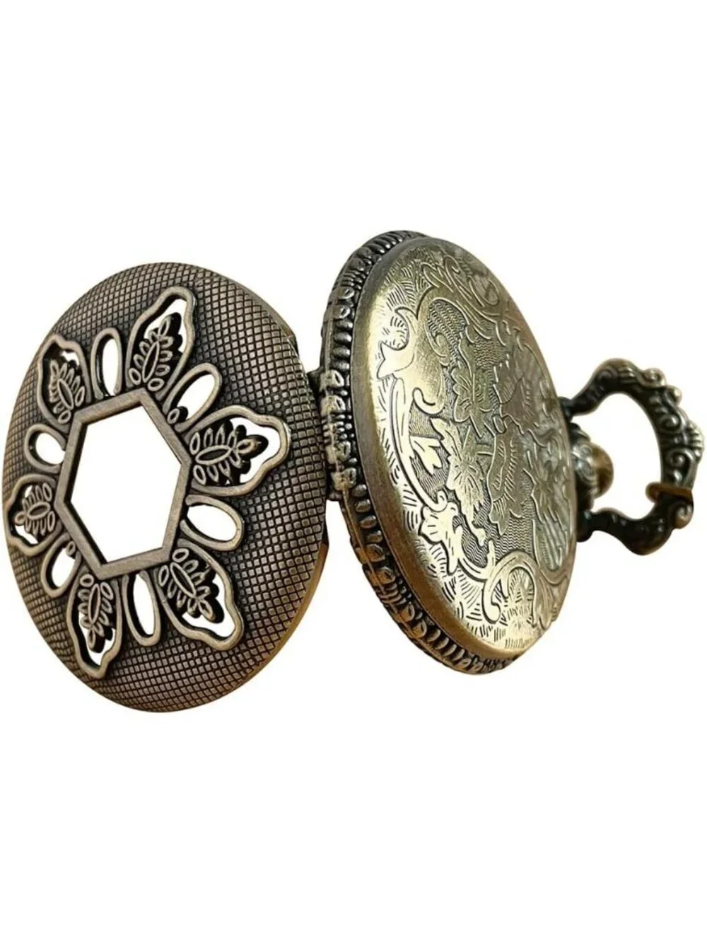 Men's White Vintage Chain Quartz Bronze Hexagon Necklace Halloween Pocket Watch